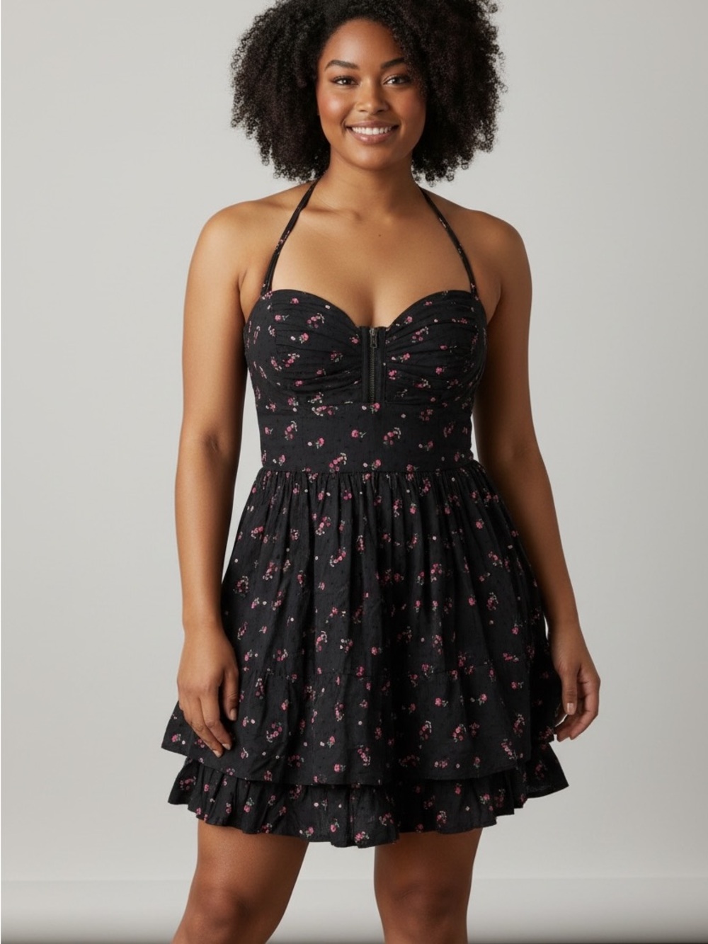 Guess Black Halter Mini Dress with Pink Floral Print & Zipper Front